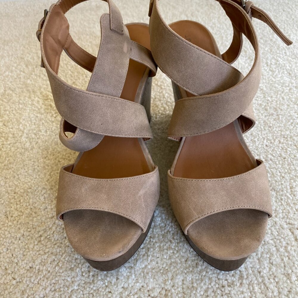 INDIGO RD. tan suede strappy platform sandals, 4" wedge, sz 10 - Picture 2 of 9
